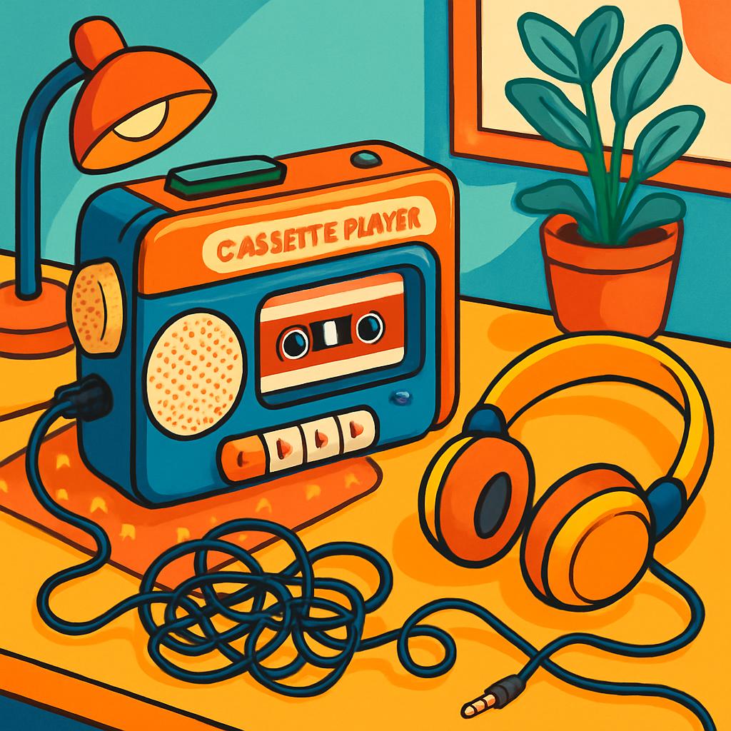 A predominantly orange and blue tape player plays an unknown cassette.